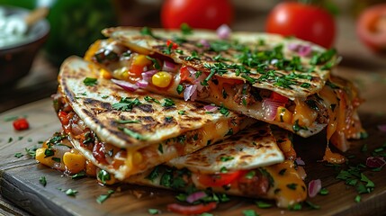 Delicious quesadillas stacked on wooden board with fresh herbs
