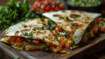 Delicious quesadillas with fresh tomatoes and herbs on wooden plate