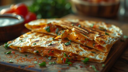 Delicious quesadillas with melted cheese and fresh herbs on wooden board
