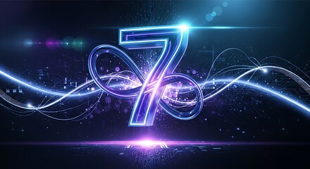 Glowing neon number seven percent symbol with futuristic digital circuit board and light streaks