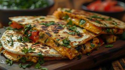 Delicious quesadillas with melted cheese and fresh herbs on wooden board