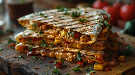 Delicious grilled quesadillas stacked on wooden board with fresh herbs