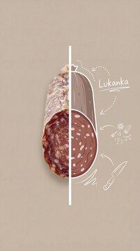 Sliced lukanka sausage on beige background with illustrated details  