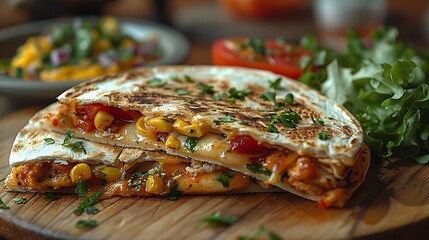Delicious quesadilla cut in half on wooden board with fresh herbs