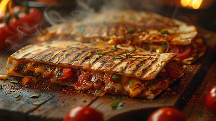 Delicious grilled quesadilla with melted cheese and fresh herbs on wooden board