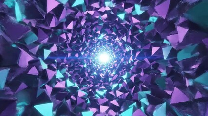 Abstract geometric tunnel with glowing purple and blue triangles creating a mesmerizing vortex leading to a bright central light perfect for futuristic digital or scifi backgrounds and motion graphic. - Powered by Adobe