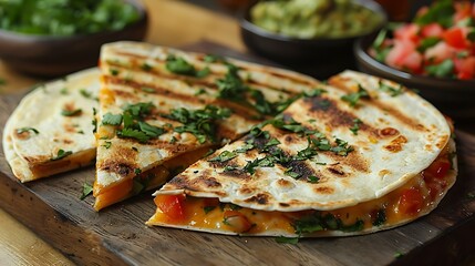 Delicious grilled quesadilla with melted cheese and fresh herbs on wooden board
