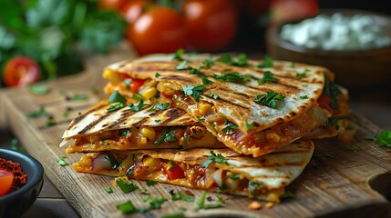 Delicious grilled quesadillas with fresh herbs on wooden board