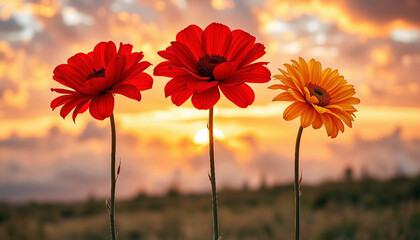 Close-up of flowers at sunset. Floral landscape