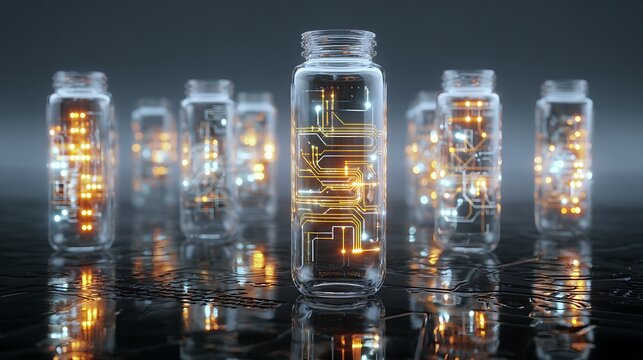 Futuristic lab jars contain glowing circuits, illustrating digital concepts - Powered by Adobe