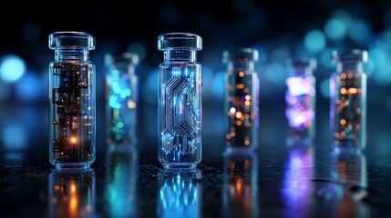 Glowing vials with internal circuitry, science and technology themed concept
