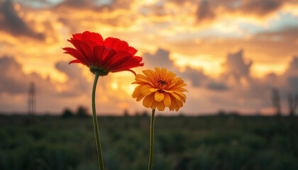 Wildflowers at sunset. Two gerberas. Floral landscape