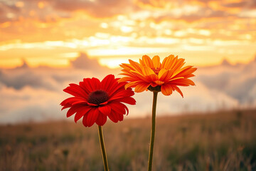 Two gerberas. Close-up of flowers at sunset