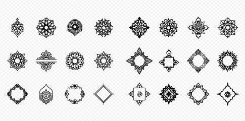 Set of intricate black and white mandala-inspired decorative design elements and frames, perfect for elegant graphic resources. © Adji