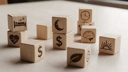 A collection of wooden blocks with various symbols on a table