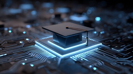 A graduation cap sits atop a glowing microchip, symbolizing educational progress in technology