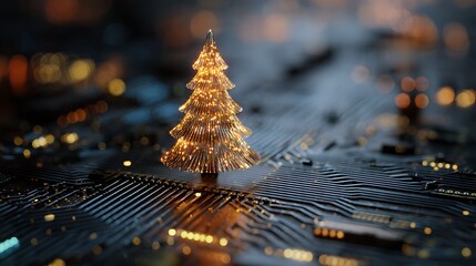 Glowing golden Christmas tree on a detailed circuit board, representing digital holiday spirit
