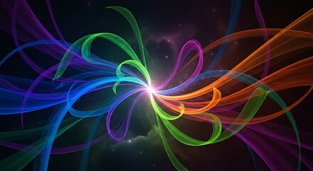 Vibrant swirling abstract fractal energy streams in rainbow colors against a dark background