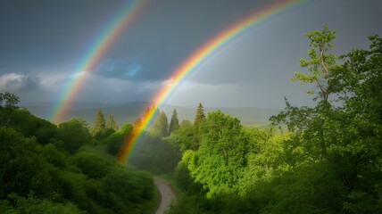 Breathtaking Double Rainbow Over Green Valley, Forest, and Distant Mountains