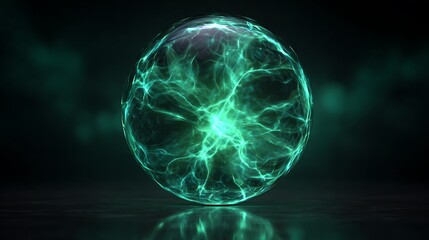 Fototapeta premium Glowing sphere of electric energy, showcasing bright teal light against a dark, blurred background