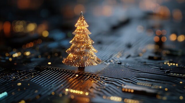 Glowing golden Christmas tree on a detailed circuit board, representing digital holiday spirit - Powered by Adobe