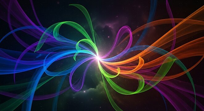 Vibrant swirling abstract fractal energy streams in rainbow colors against a dark background - Powered by Adobe
