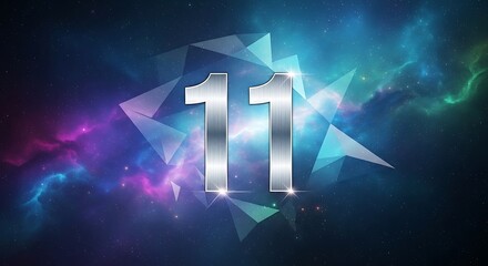 Gleaming metallic number eleven centered over abstract geometric shapes and cosmic nebula background