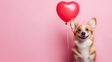 A cute corgi dog holding a red heart-shaped balloon on a pink background, looking happy and playful.