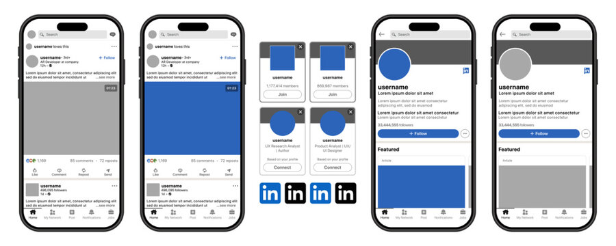 LinkedIn Mobile Post and Profile UI Mockup Showing Feed Cards Carousel Layout Company Page Profile Header Follow Button Featured Section and iPhone Professional Network Interface
