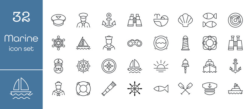 Marine icon set with nautical symbols, sailor tools, sea navigation elements and ship equipment. Clean line icons for travel, ocean, harbor, navy and maritime design projects.