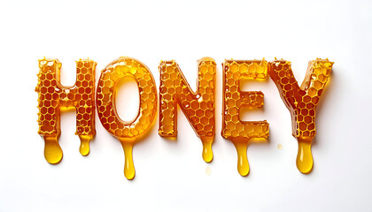 Honey typography: This image artfully showcases the word HONEY crafted from a combination of golden honey and honeycomb, evoking a sense of natural sweetness and organic goodness.
