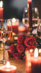 A romantic dinner setting featuring red roses wine glasses and flickering candlelight creates a warm ambiance