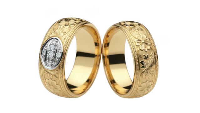 Gold wedding rings with engravings isolated on transparent background - Powered by Adobe