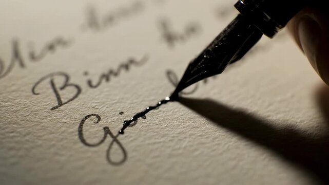 Hand Writing with Calligraphy Pen on Paper in Close-up with Dramatic Lighting