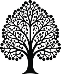 Fototapeta premium Generic tree silhouette drawn as monochrome vector, balanced branches, dense foliage shape, flat design, no textures or shading, isolated on white background
