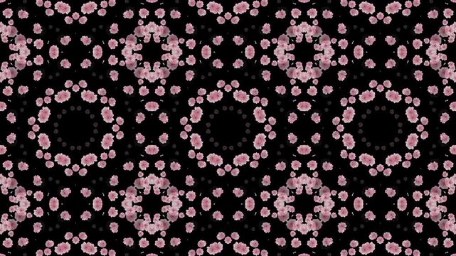 changing floral ornament pattern from animated cherry flower blossoms isolated on transparent background, texture overlay with alpha channel, mosaic kaleidoscope