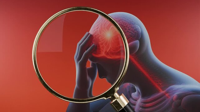 3d magnifying glass hovering over anatomical image of man with a headache
