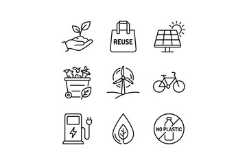 Eco friendly and sustainable living icons including reuse and solar power ecological ecofriendly