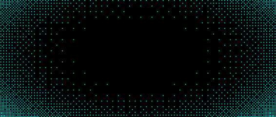 Pixelated bitmap gradient texture circle frame with copy space. Retro pixel art, blue green dither pattern, 8 bit background. Abstract Digital Grid of Teal Dots with Fading Gradient. Vector