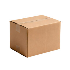 A single plain brown cardboard shipping box sealed with tape, isolated on a clean white background, ready for packaging or delivery.