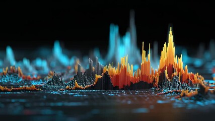 4K Abstract 3d data visualization with colorful bar graphs and digital waves on a dark background, representing big data, technology, and analytics video - Powered by Adobe