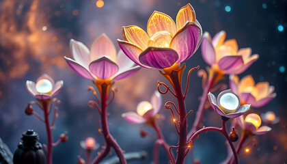 Alien fantasy plant landscape. Glowing flowers