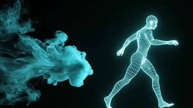 Abstract 3 d rendering of a running figure and billowing smoke on dark background