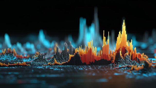 4K Abstract 3d data visualization with colorful bar graphs and digital waves on a dark background, representing big data, technology, and analytics video