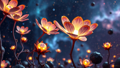 Alien fantasy flowers glow at night