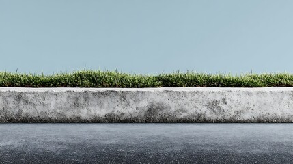 A minimalistic depiction of a concrete curb with grass and asphalt against a serene blue sky backdrop