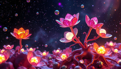Glowing flowers. Fantastic landscape
