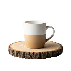 Ceramic mug on wooden slice isolated on white background