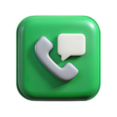 3 D of a green square with a white speech bubble and a gray telephone receiver isolated on a transparent background