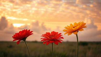 Three gerberas. Close-up of flowers at sunset. Floral landscape